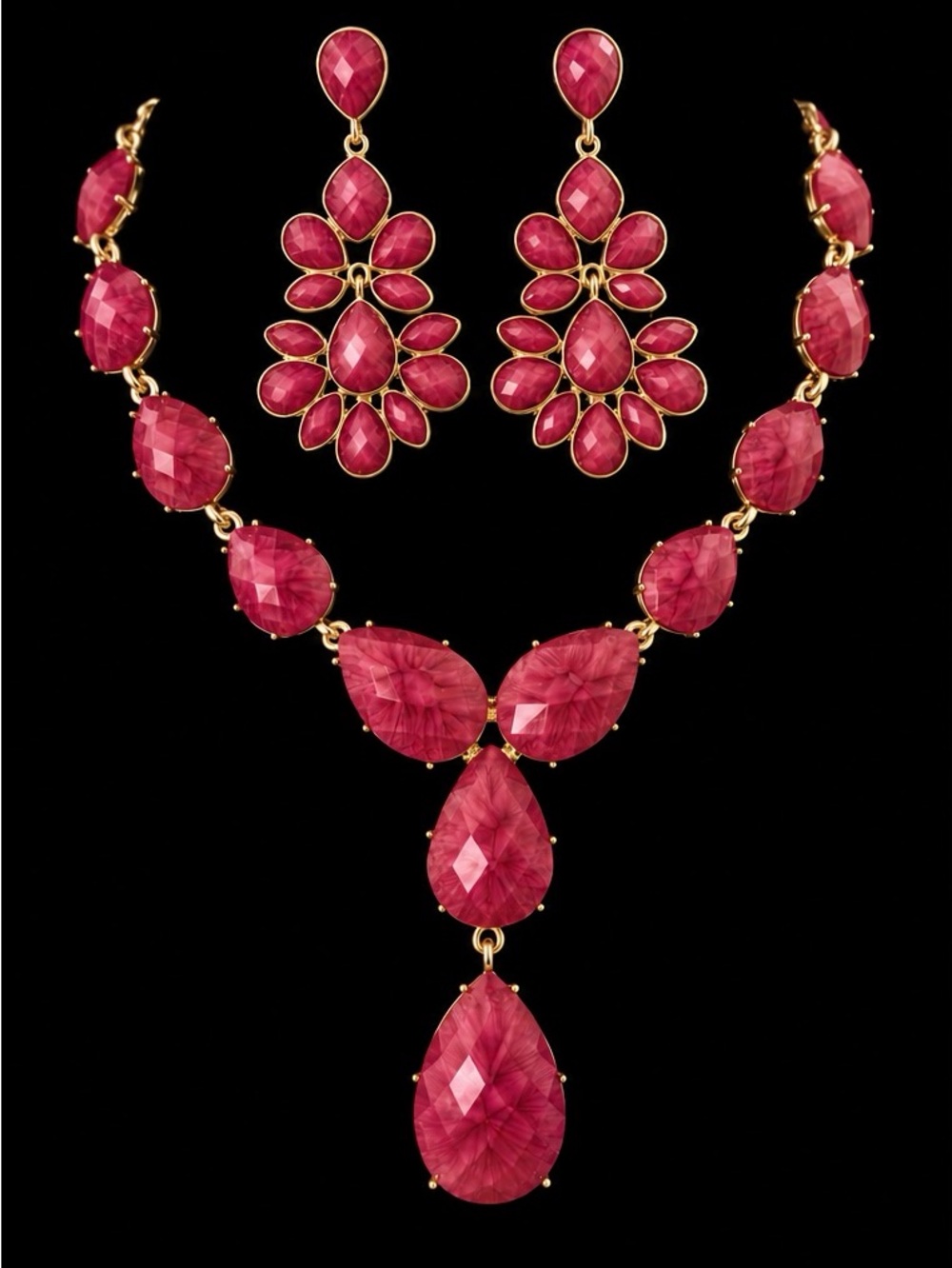 Amrita Singh Fuchsia Teardrop Statement Necklace & Chandelier Earring Set, NWT